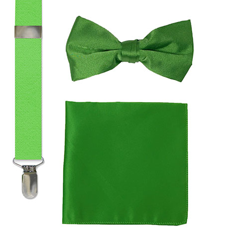 bow tie, suspenders and hankie sets in green for men